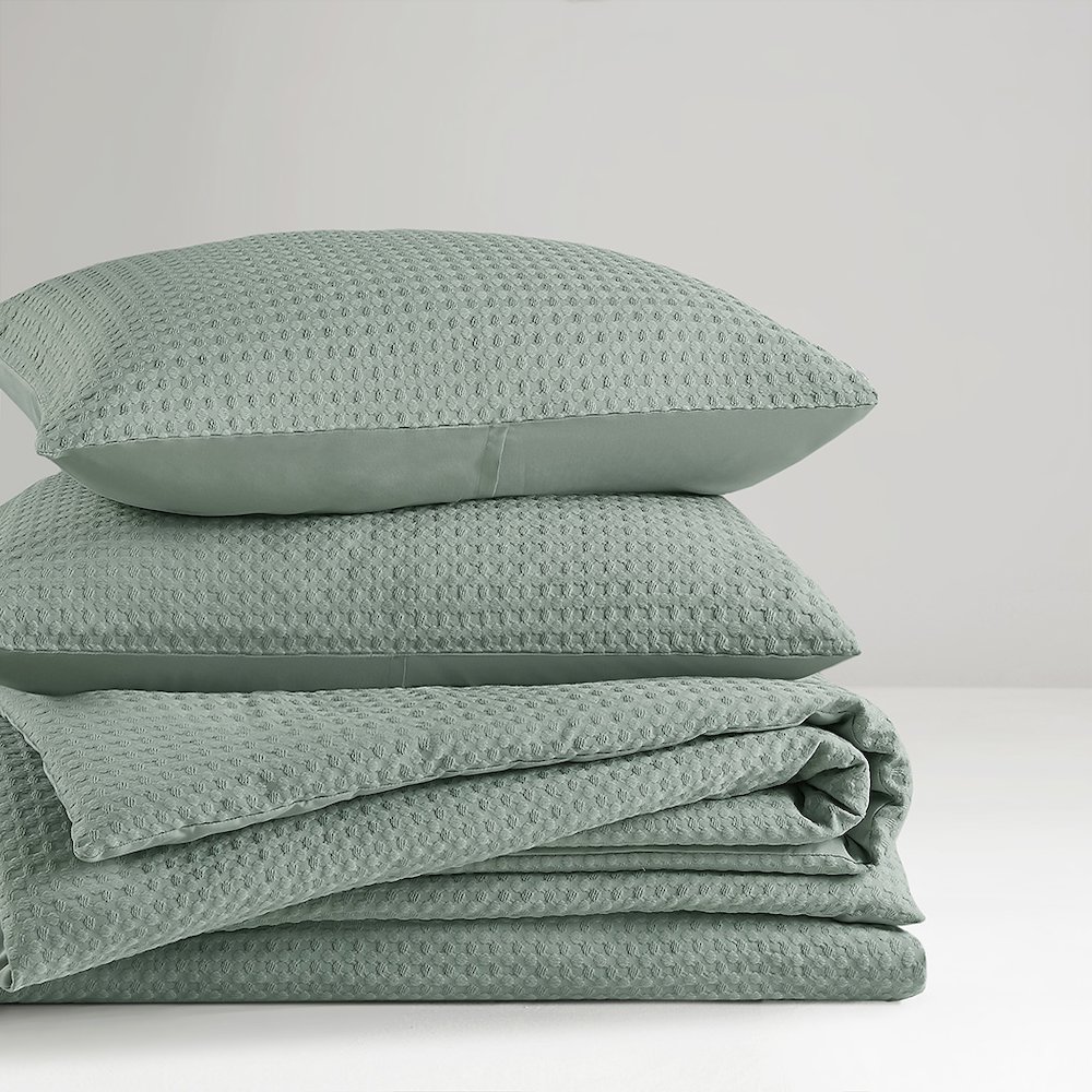 Mina Waffle Weave Textured Comforter Set, Sage Green color. Picture 5