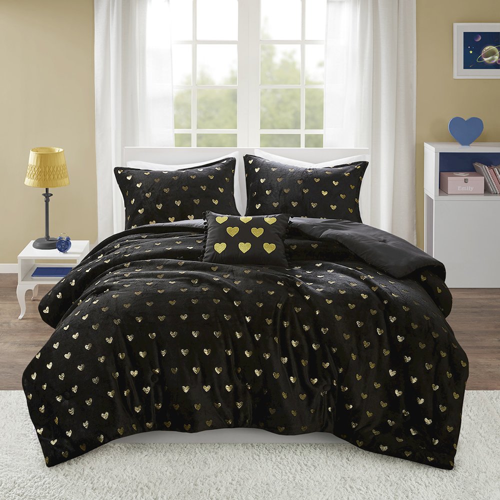 Printed Plush Comforter Set with Throw Pillow in Black/Gold Color. Picture 2