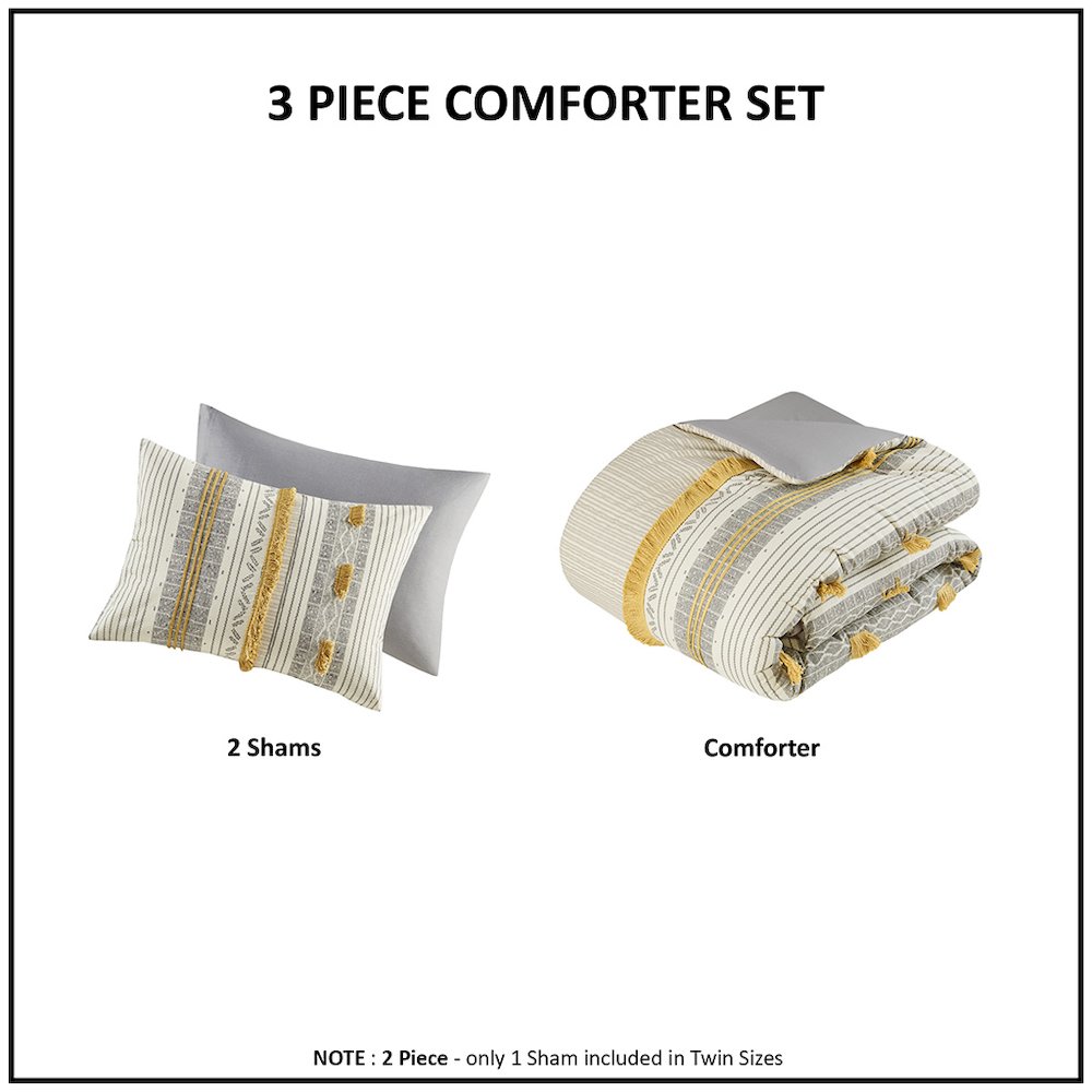Cody 3 Piece Cotton Comforter Set, Gray/Yellow color. Picture 3