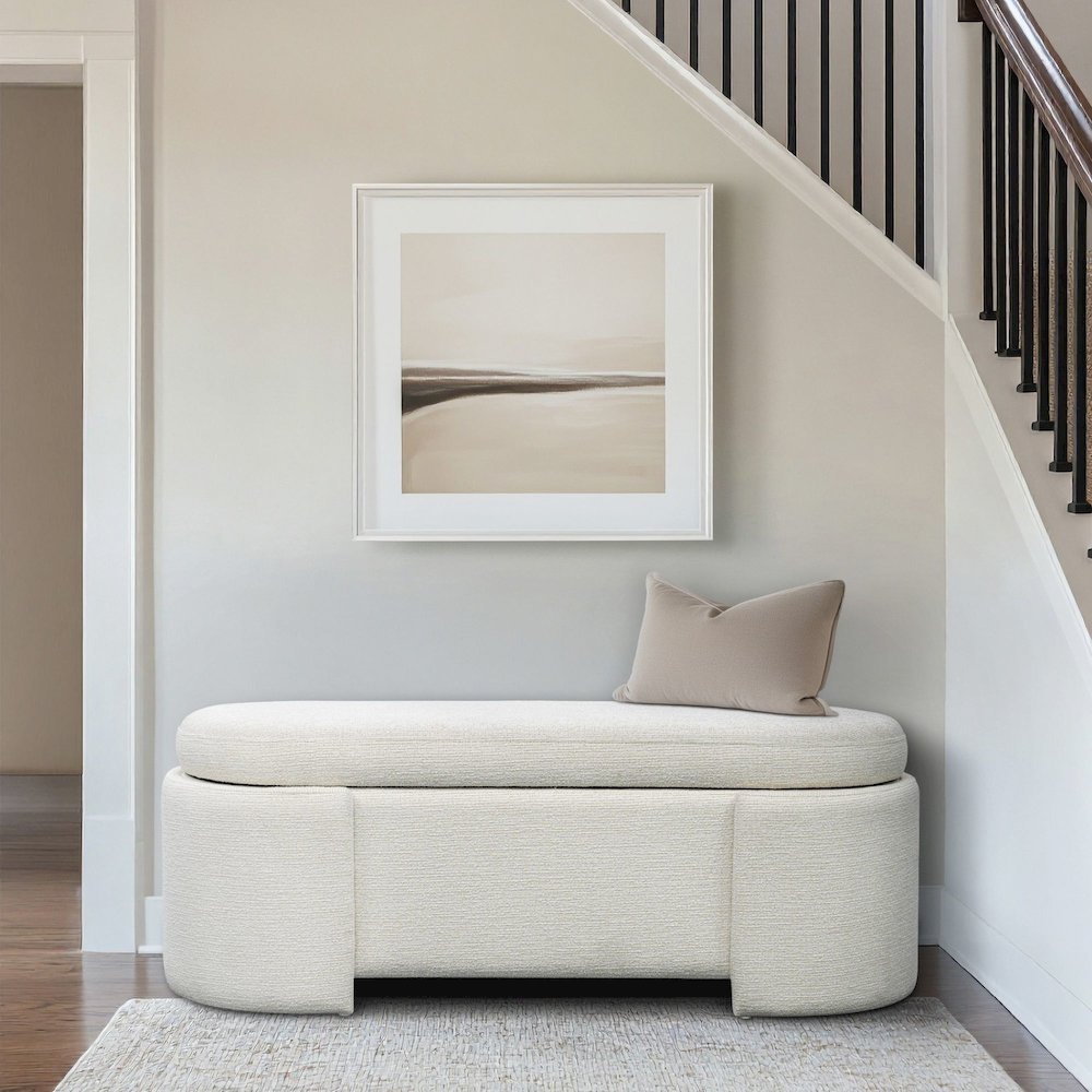 Fully Upholstered Oval Storage Bench with Soft-Close Lid. Picture 1