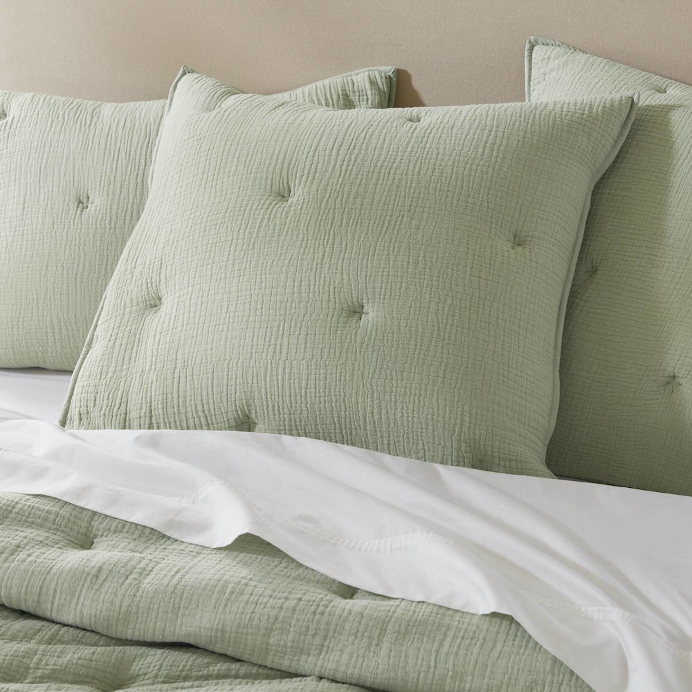 Breeze Cotton Gauze  Embroidered Euro Sham, Sage color. Picture 1