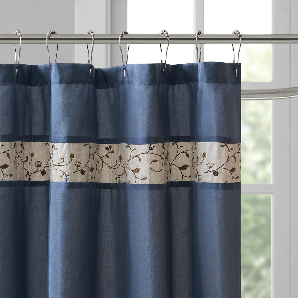 Faux Silk Embroidered Floral Shower Curtain. Picture 1