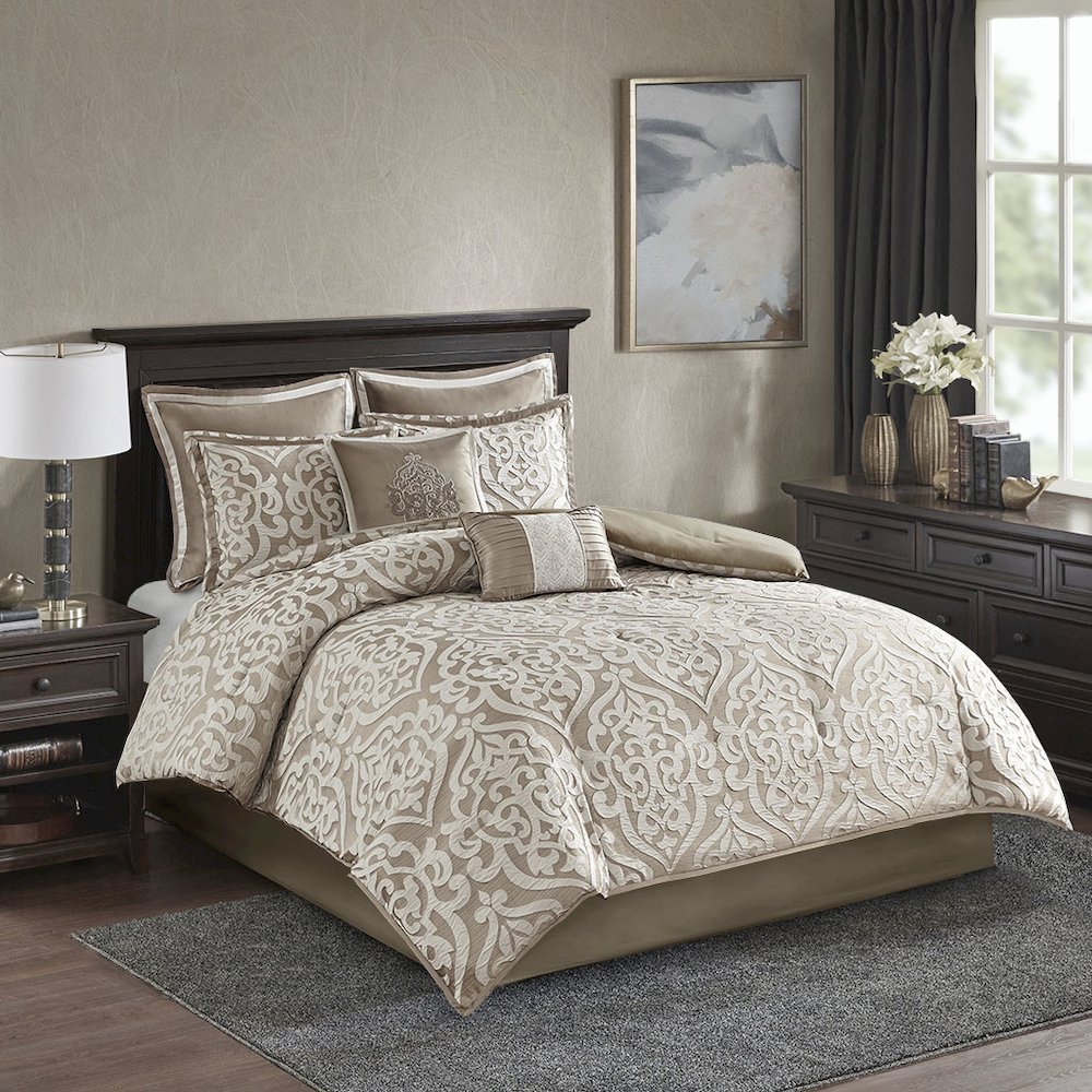 Odette 8 Piece Jacquard Comforter Set, Tan/Ivory color. Picture 1