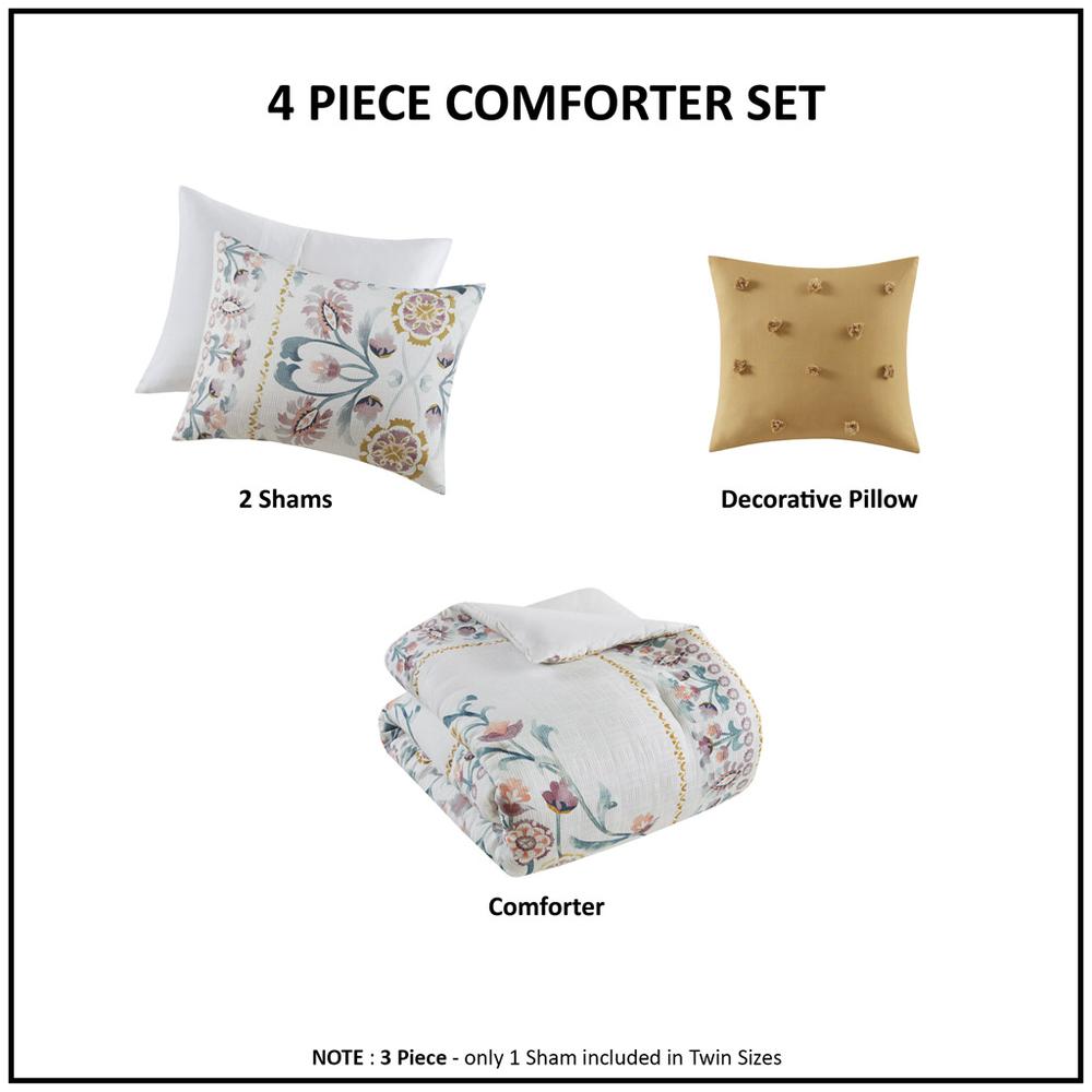 4 Piece Floral Comforter Set with Throw Pillow. Picture 1