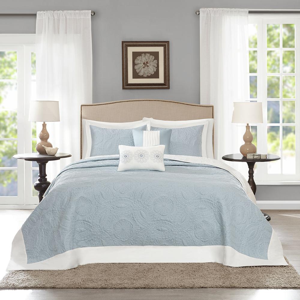 Ashbury 5 Piece Reversible Bedspread Set, Blue color. Picture 2