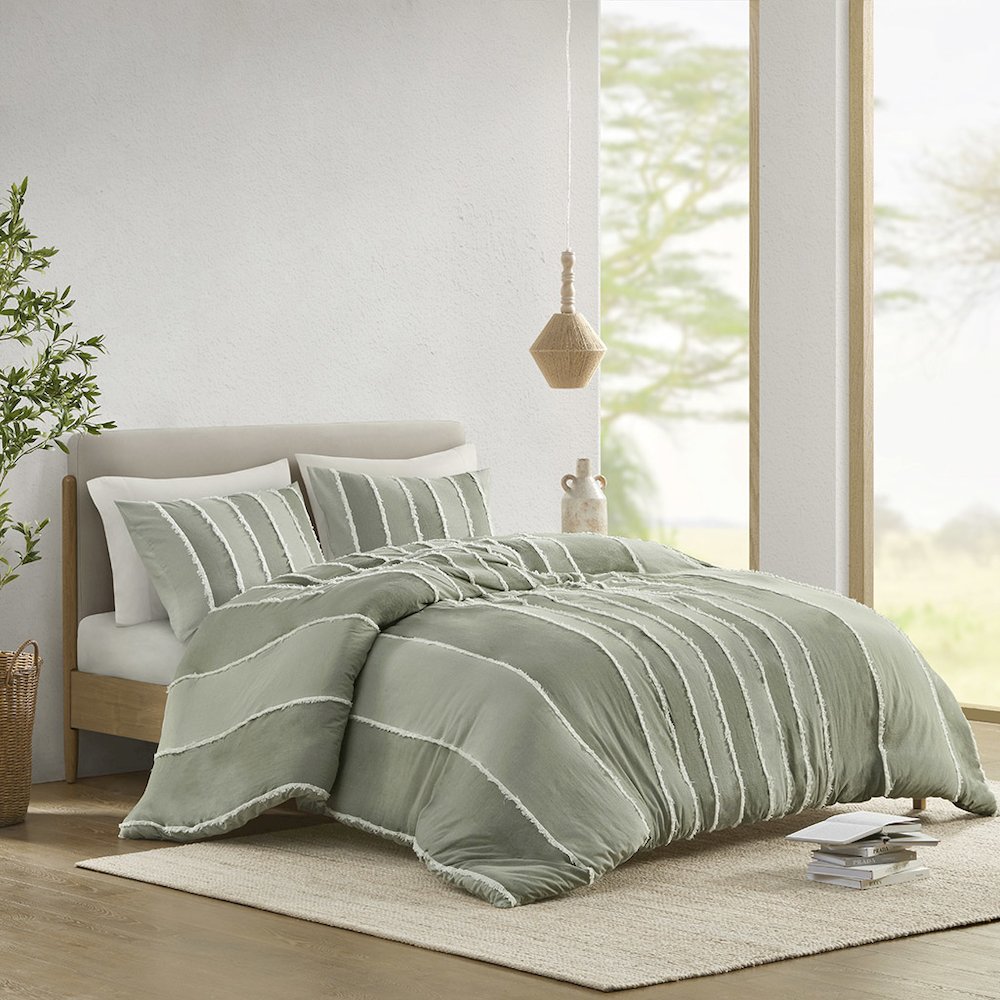 Shay 3 Piece Striped Cotton Duvet Cover Set, Sage color. Picture 2