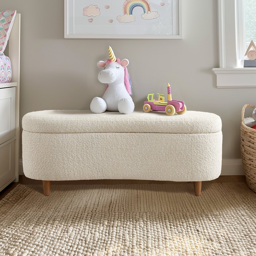 Bailey Boucle Flip Top Storage Bench in Cream Color. Picture 5