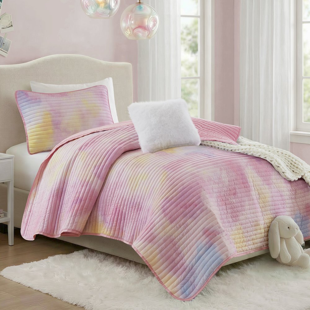 Cassiopeia Watercolor Tie Dye Printed Quilt Set with Throw Pillow. Picture 2