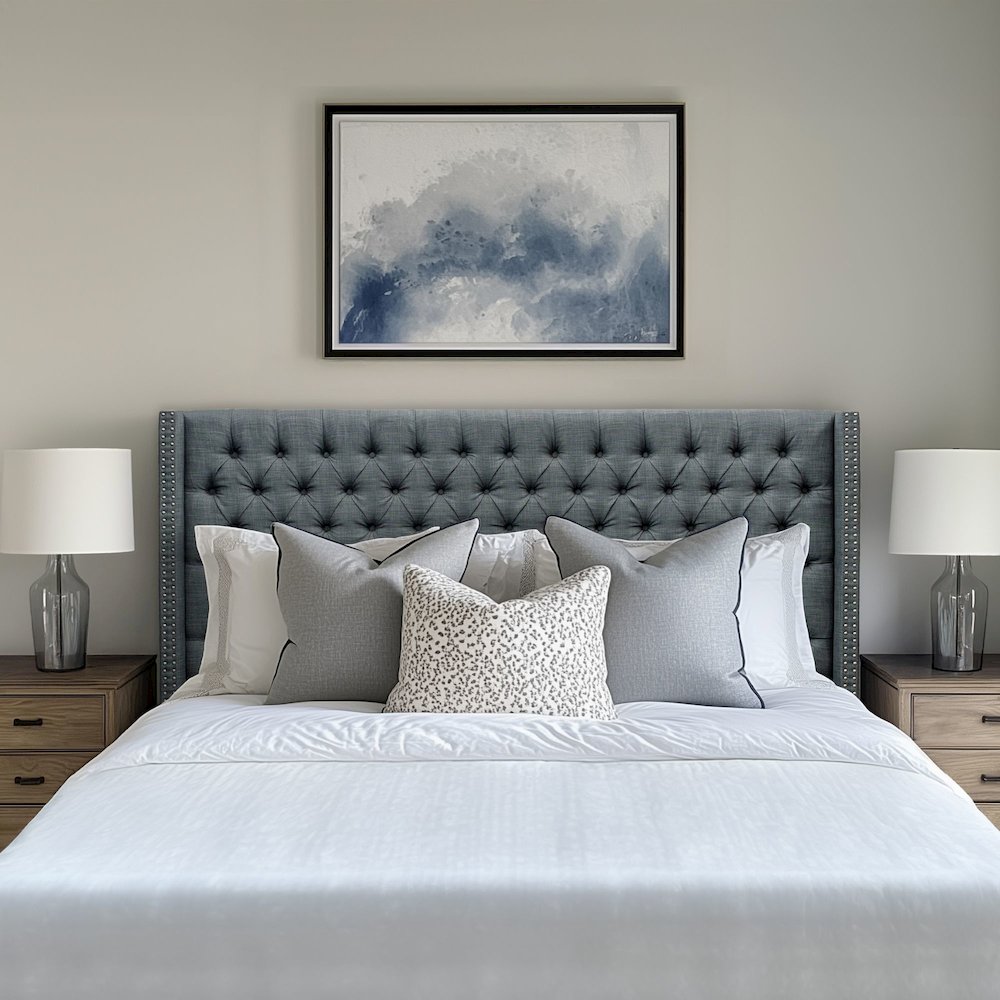 Amelia Upholstered Wingback Headboard with Button Tufting & Nailhead Trim. Picture 1
