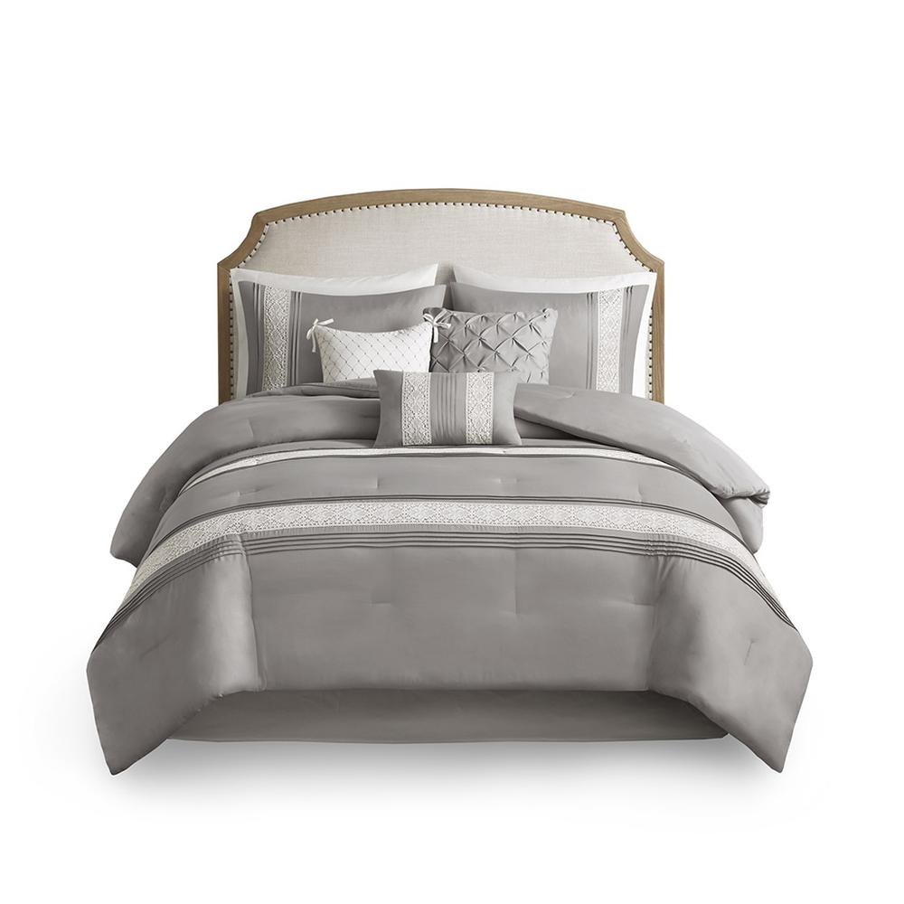 7 Piece Lace Trim Comforter Set with Throw Pillows. Picture 1