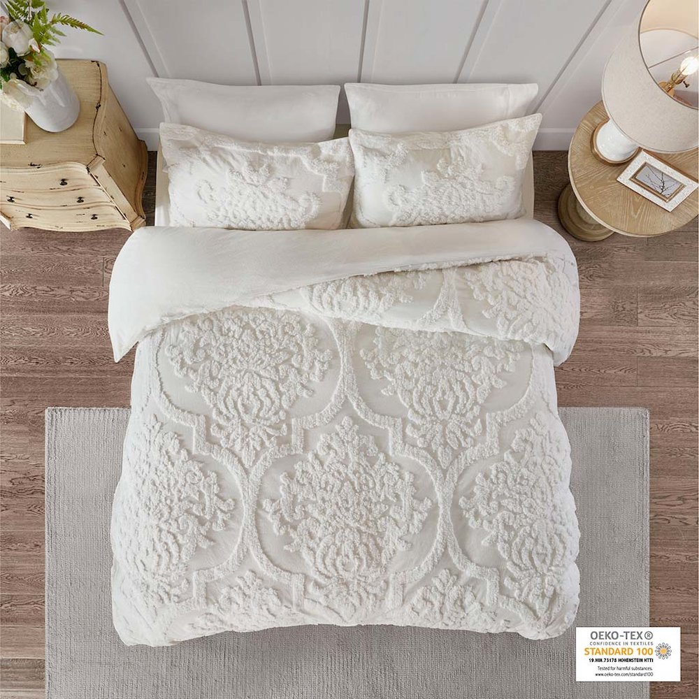 3 Piece Tufted Cotton Chenille Damask Duvet Cover Set. Picture 4
