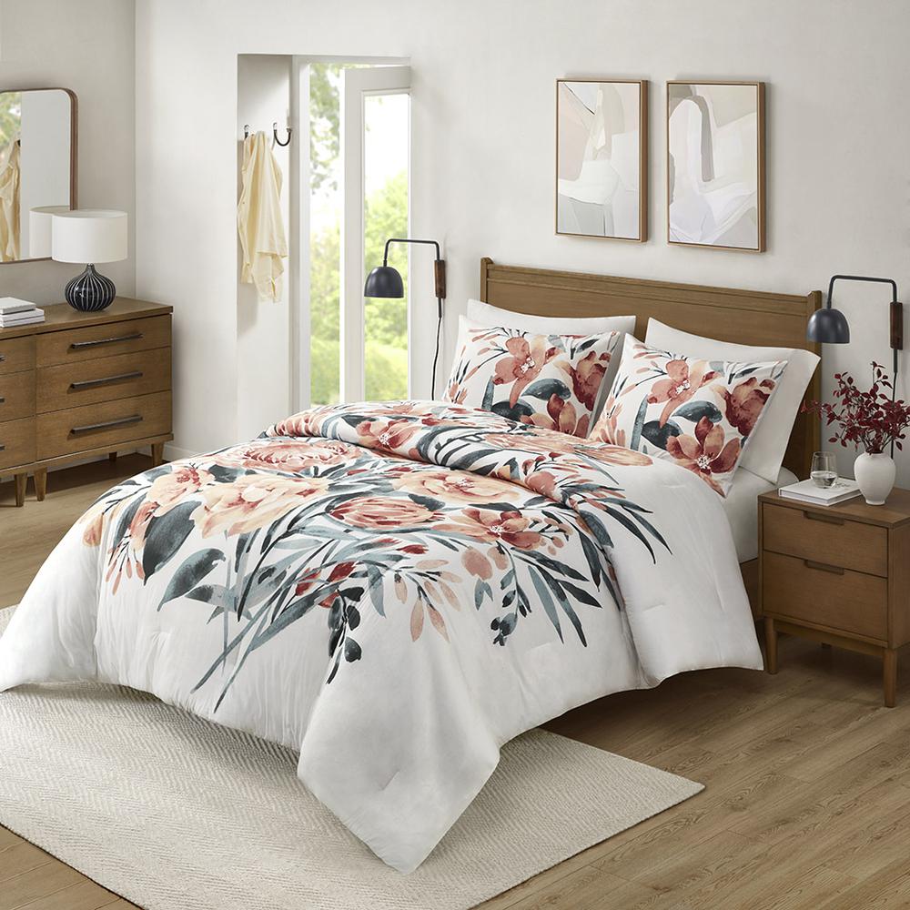 Dahlia 3 Piece Floral Cotton Comforter Set, Peach/Off-White color. Picture 1