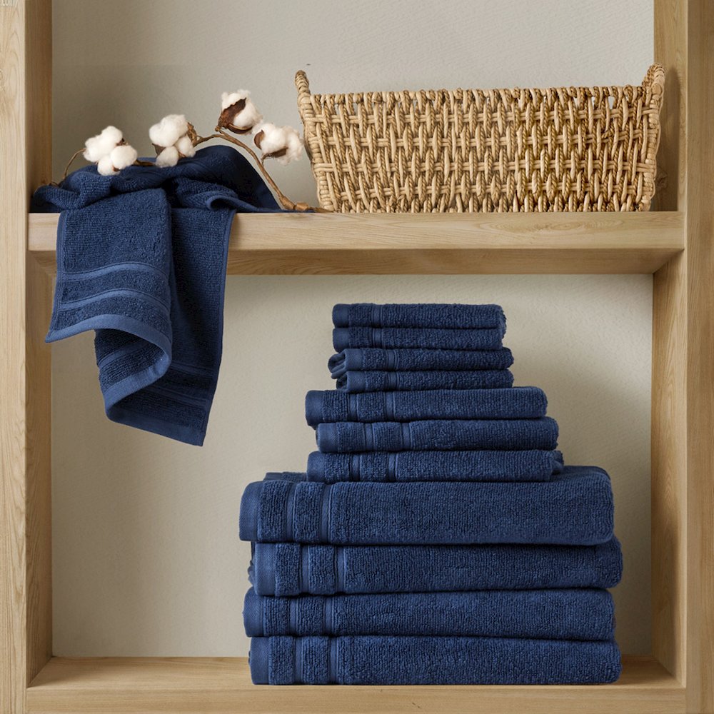 Quick Dry 100% Cotton 12pc Towel Set, Indigo color. Picture 1