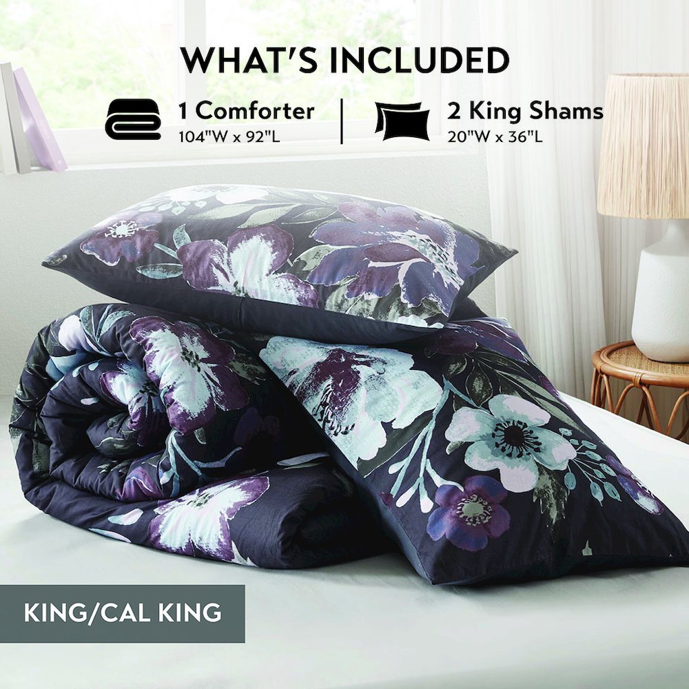 Jolene 3 Piece Cotton Printed Comforter Set, Dark Grey/Plum color. Picture 5
