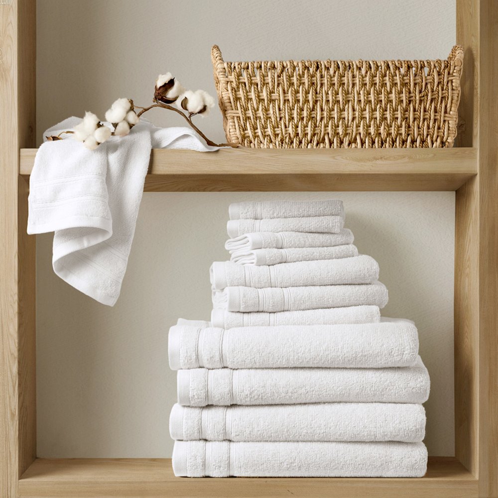 Quick Dry 100% Cotton 12pc Towel Set, White color. Picture 1