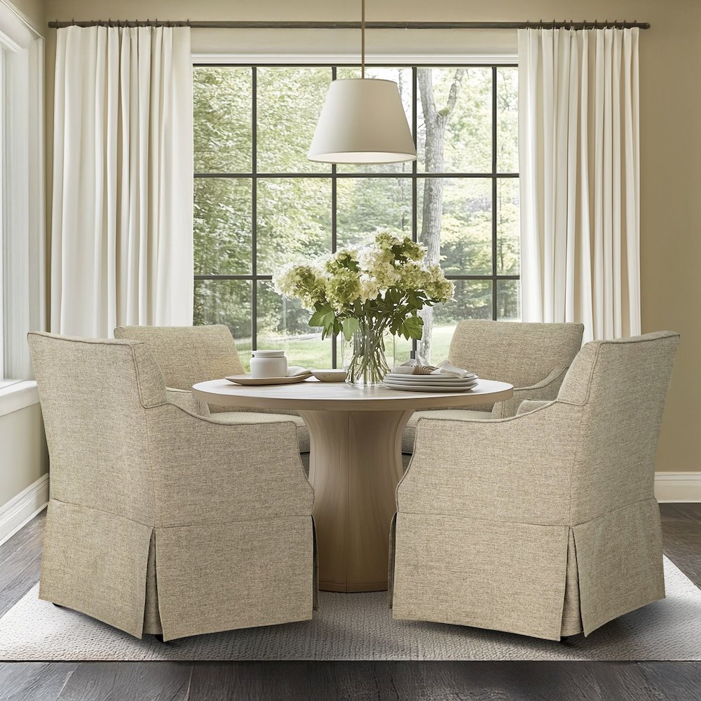 Upholstered Skirted Dining Arm Chair with Hidden Casters. Picture 4