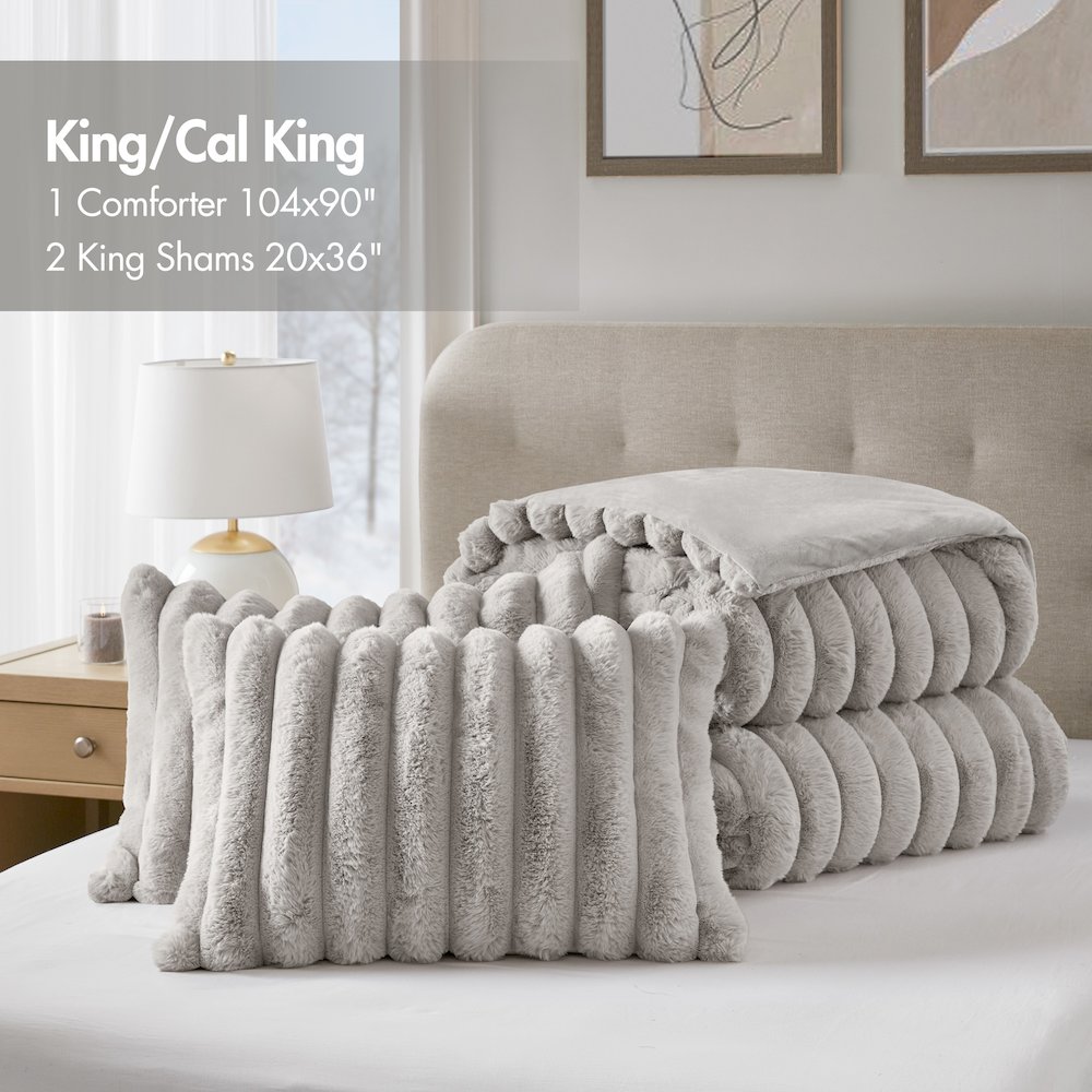 Jasmine Ultrasoft Faux Fur Ribbed Comforter Set, Light Gray color. Picture 2
