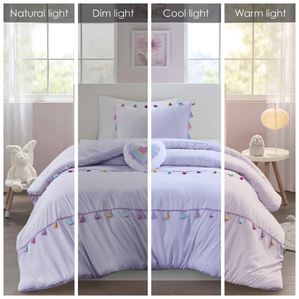 Tessa Tassel Comforter Set with Heart Shaped Throw Pillow in Lavender Color. Picture 4