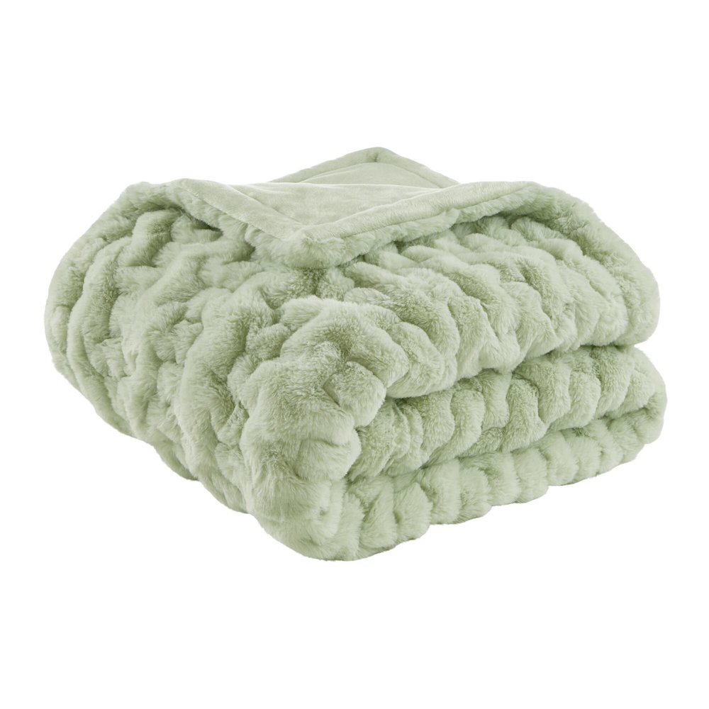 Ruched Fur Faux Fur Throw, Sage Green color. Picture 1