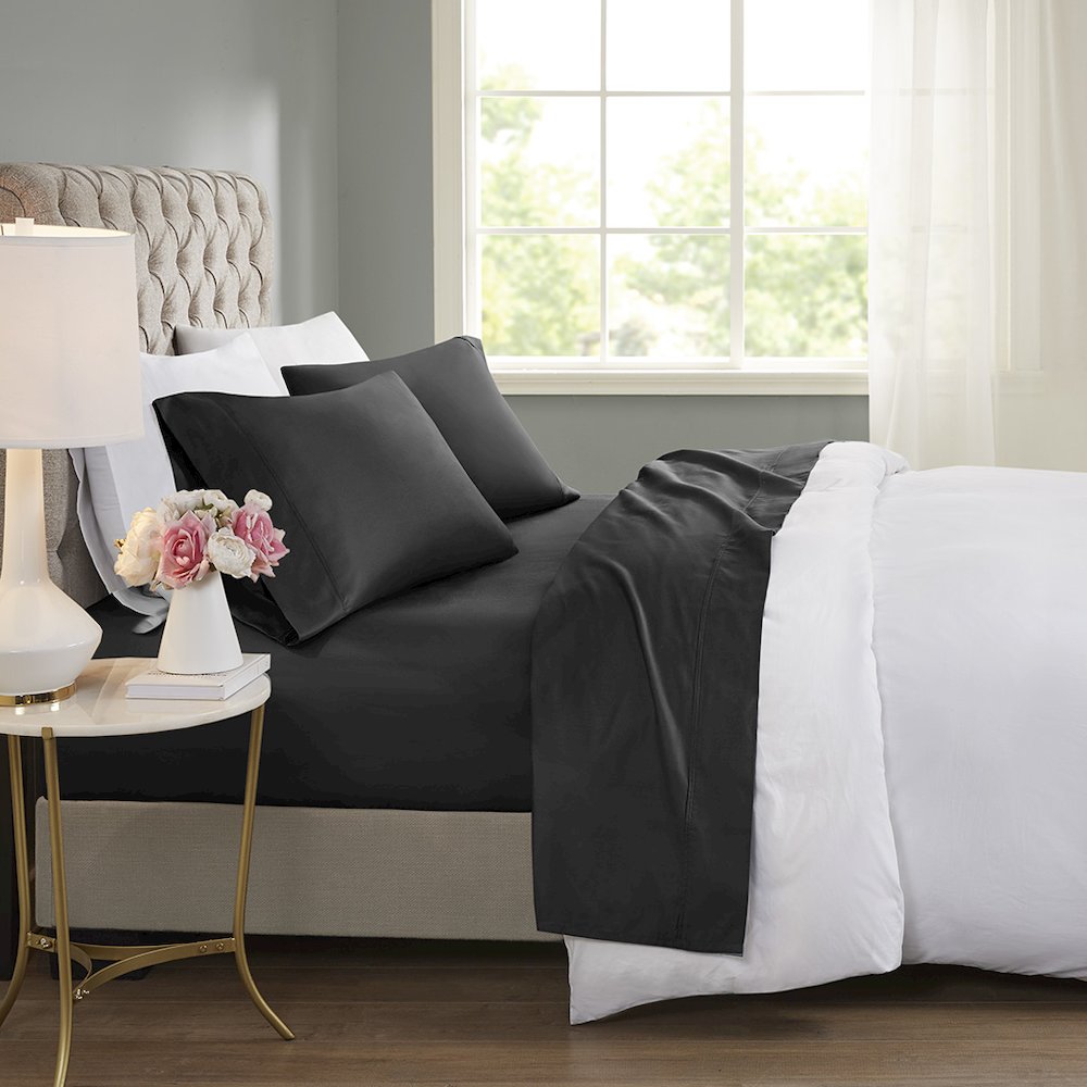 600 Thread Count Cooling Cotton Blend 4 PC Sheet Set, Black color. Picture 2