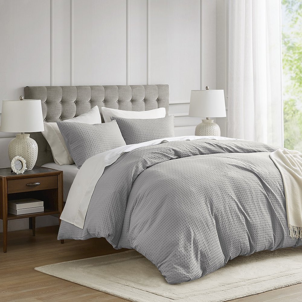Mina Waffle Weave Textured Duvet Cover Set, Light Grey color. Picture 2