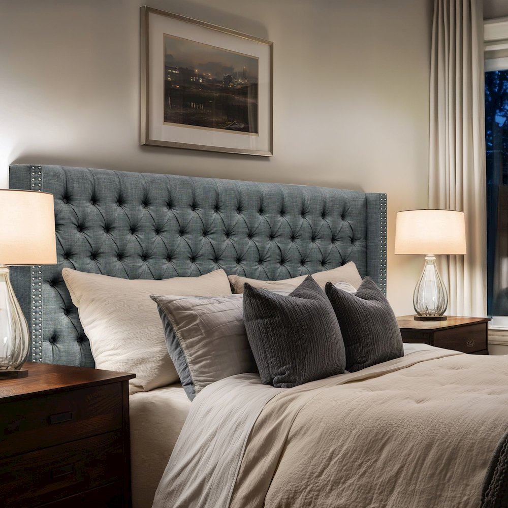 Amelia Upholstered Wingback Headboard with Button Tufting & Nailhead Trim. Picture 4