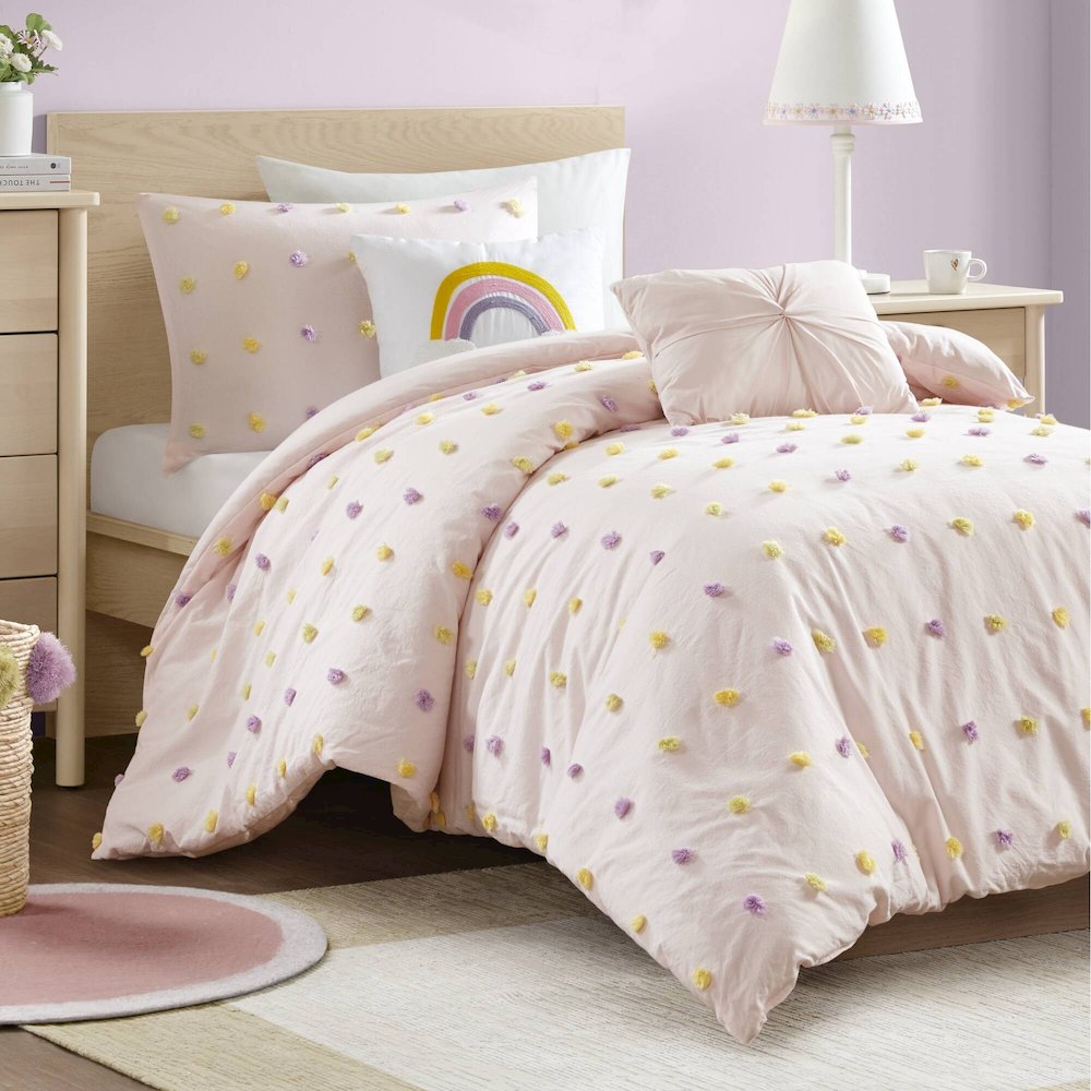Callie Cotton Jacquard Pom Pom Comforter Set, Pink Multi color. Picture 3