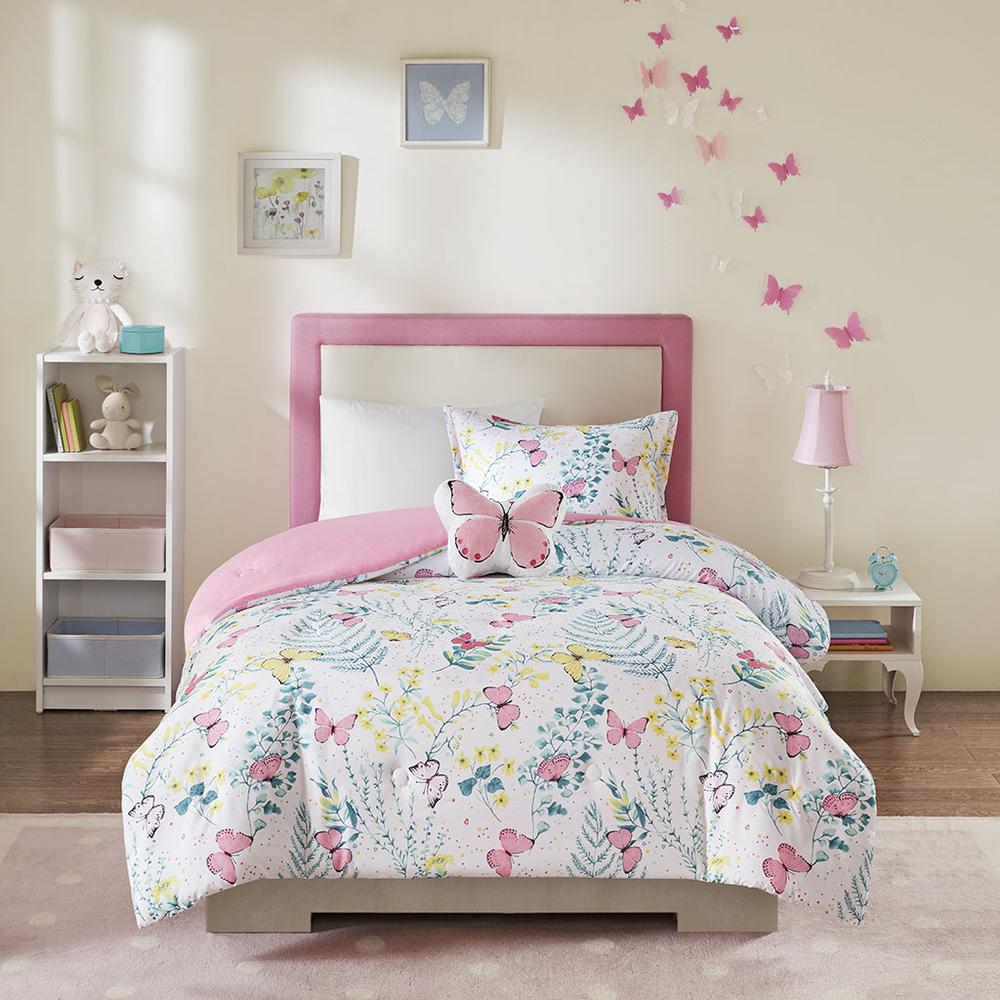 Cynthia Printed Butterfly Comforter Set, Pink color. Picture 2