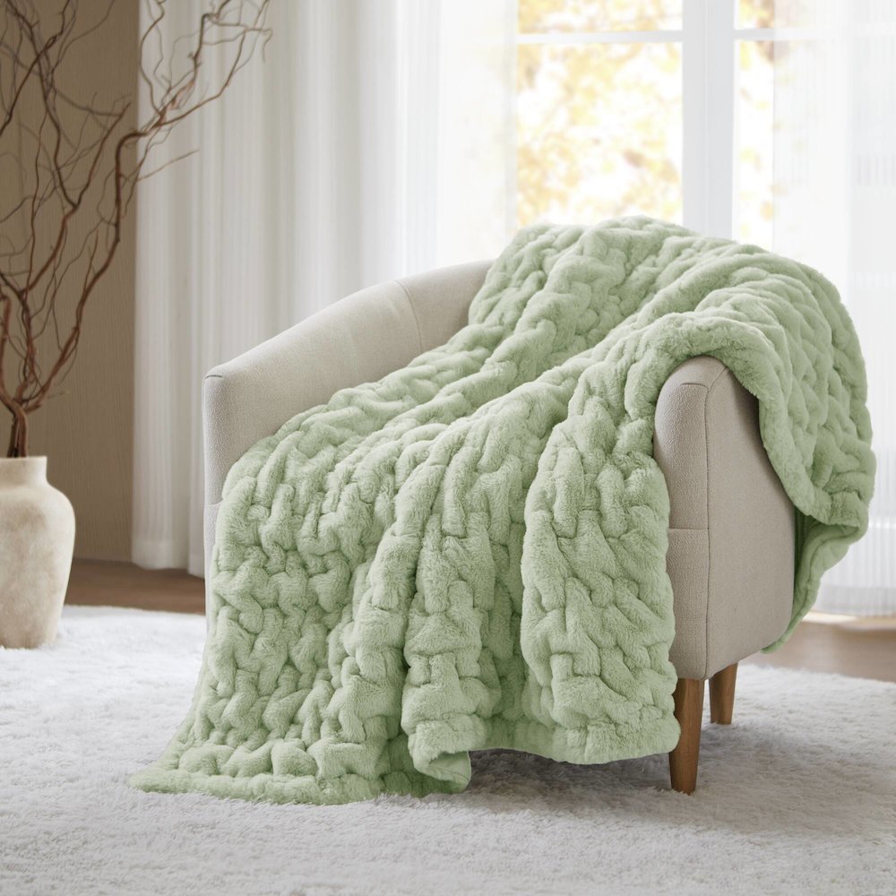 Ruched Fur Faux Fur Throw, Sage Green color. Picture 2