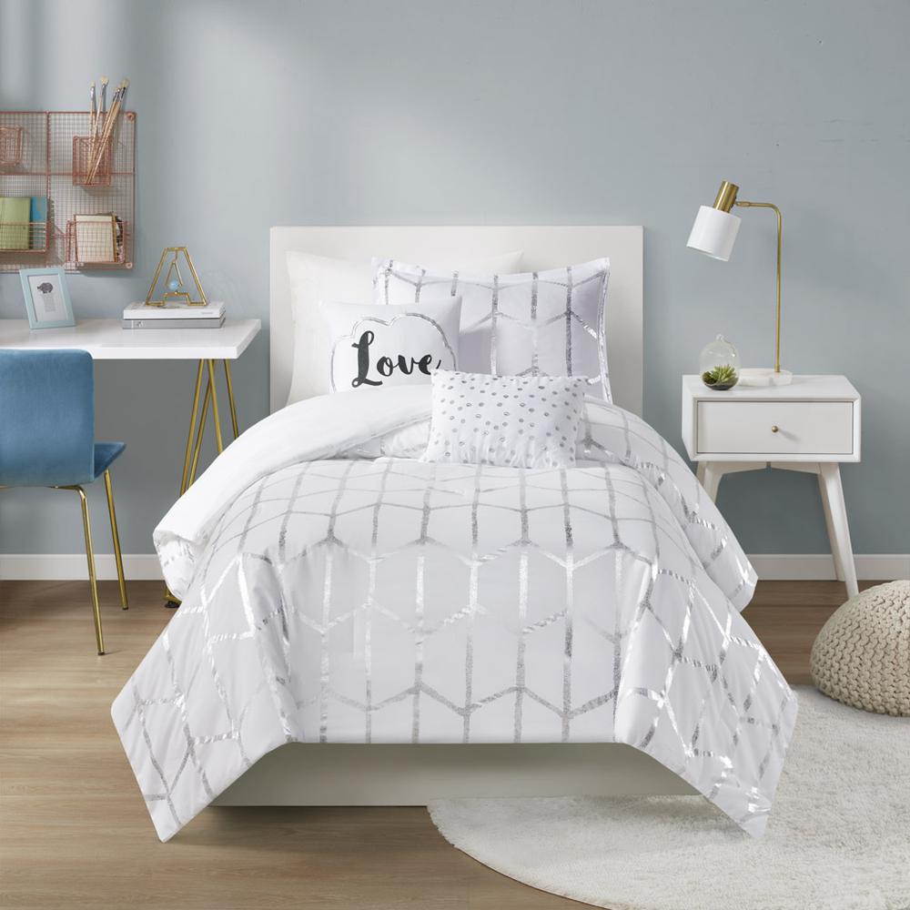 Raina Metallic Printed Comforter Set, White/Silver color. Picture 2