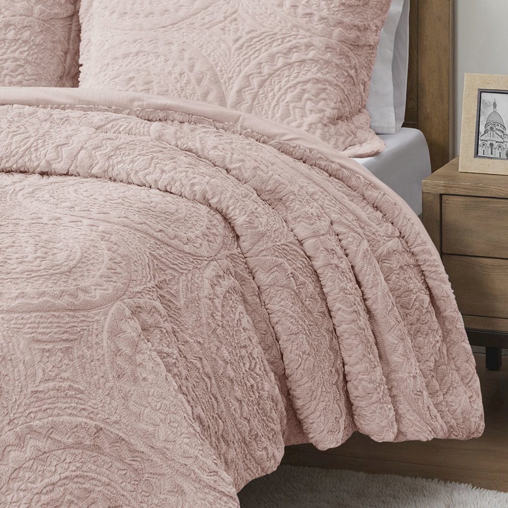 Embroidered Medallion Faux Fur Ultra Plush Comforter Mini Set. Picture 2