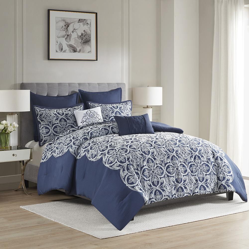 7 Piece Flocking Comforter Set with Euro Shams and Throw Pillows. Picture 4