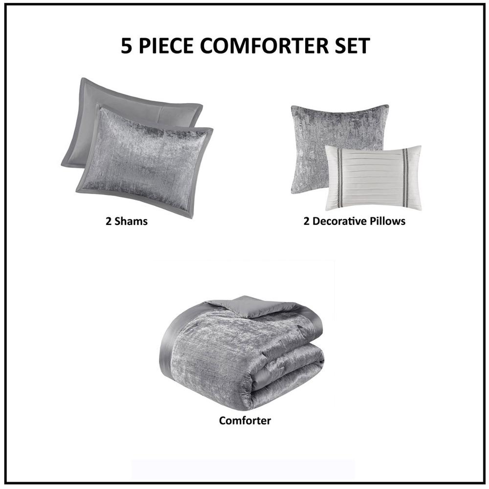 Lee 5 Piece Crinkle Velvet Comforter Set, Silver color. Picture 3