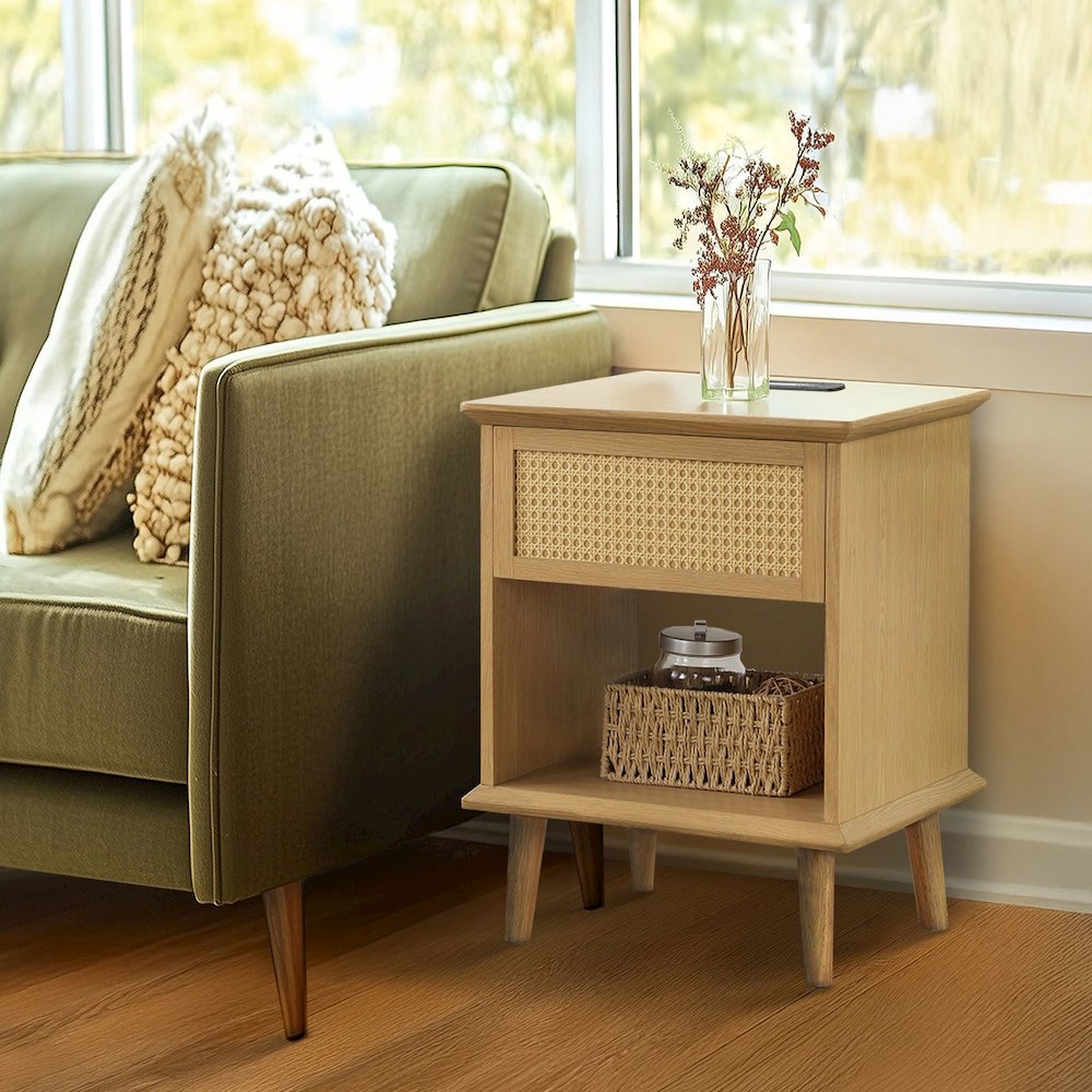 Rattan Accent Side Table with Drawer Storage & Lower Open Shelf. Picture 1