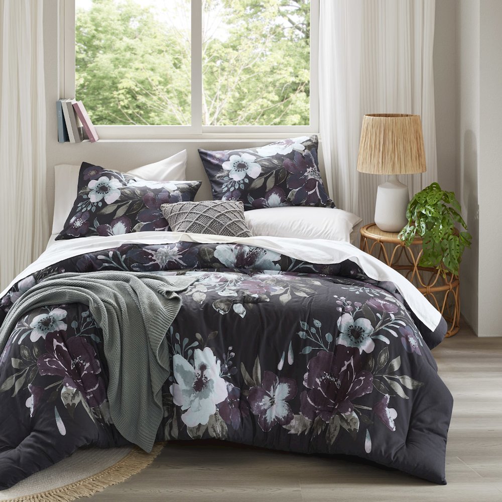 Jolene 3 Piece Cotton Printed Comforter Set, Dark Grey/Plum color. Picture 1