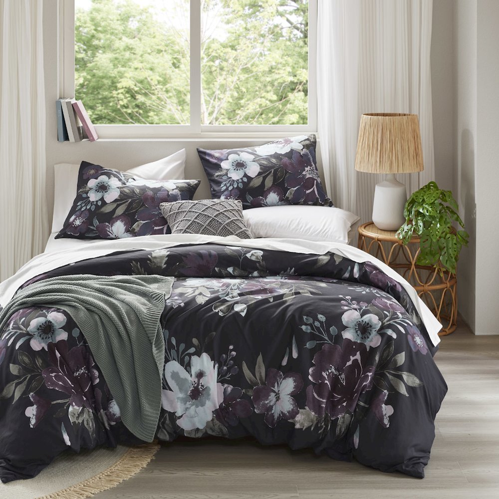 Jolene 3 Piece Cotton Duvet Cover Set, Dark Grey/Plum color. Picture 1
