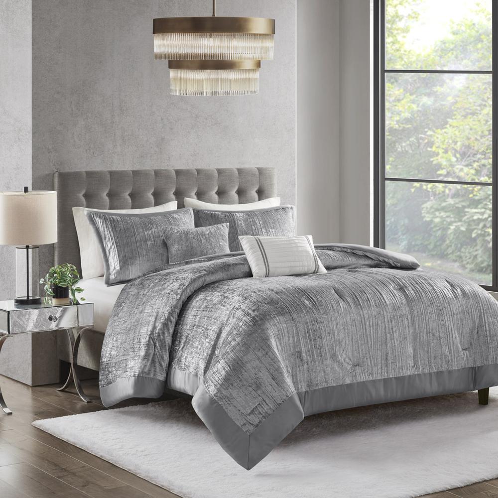 Lee 5 Piece Crinkle Velvet Comforter Set, Silver color. Picture 4