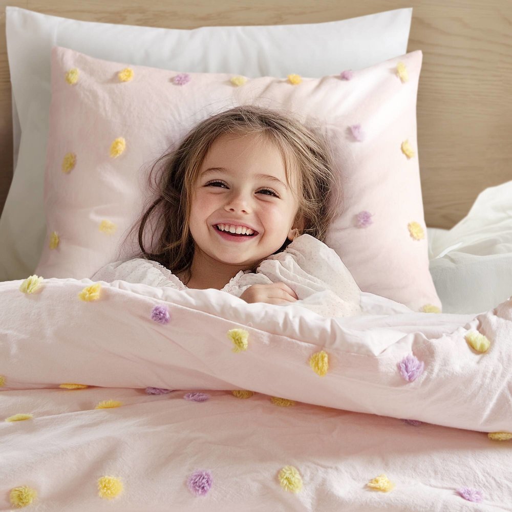 Callie Cotton Jacquard Pom Pom Comforter Set, Pink Multi color. Picture 4