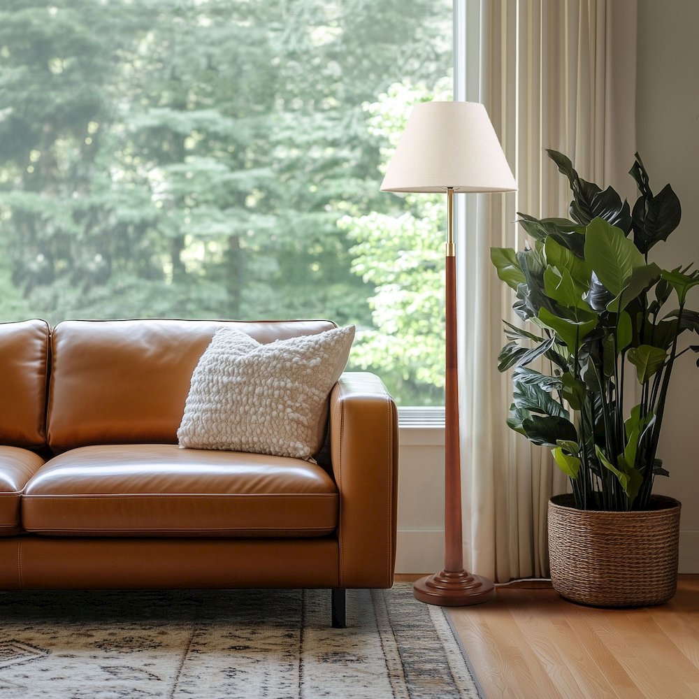 Verla Tapered Faux Wood Dimmable Floor Lamp. Picture 1