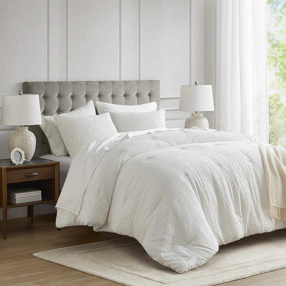 Mina Waffle Weave Textured Comforter Set, White color. Picture 5