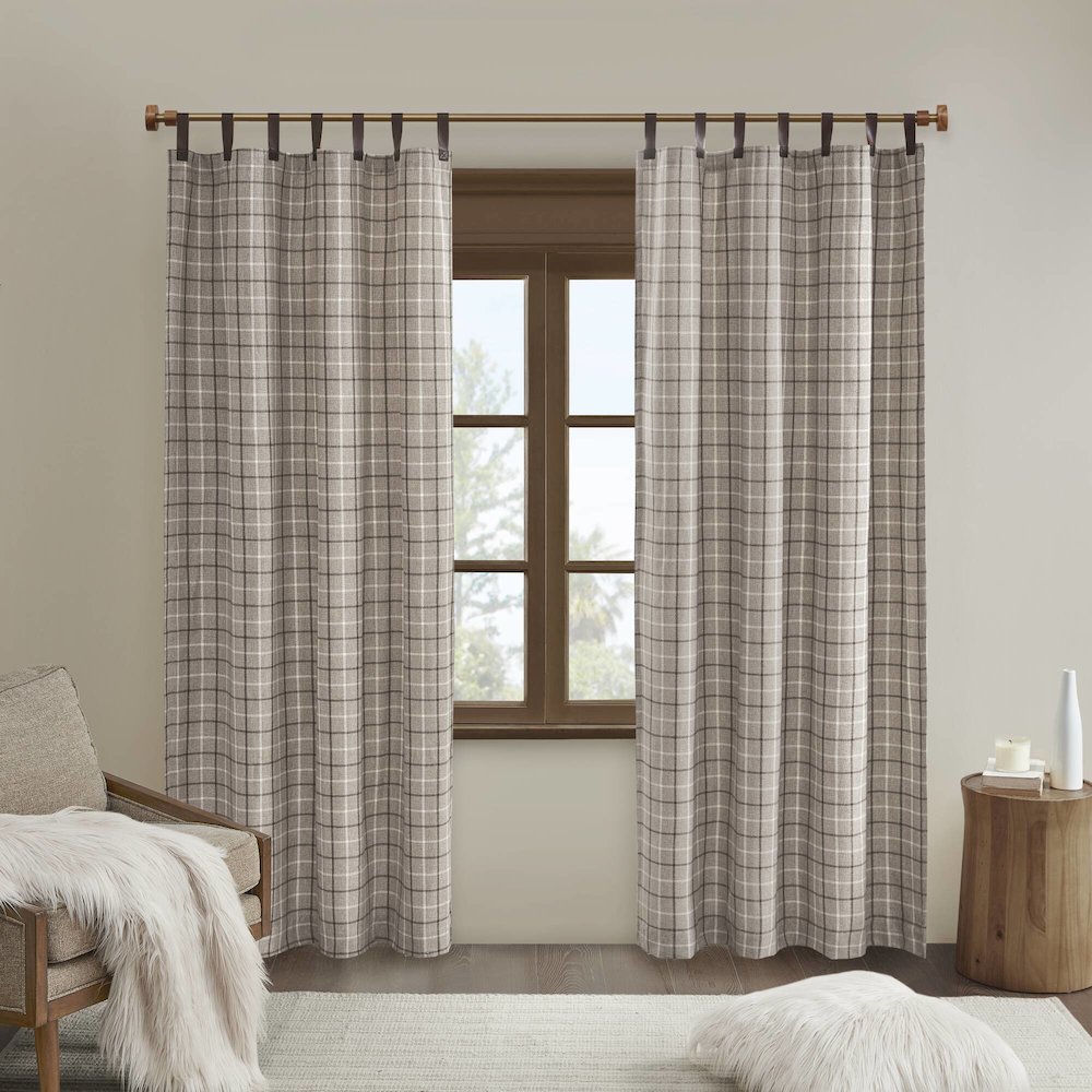 Plaid Faux Leather Tab Top Curtain Panel with Fleece Lining. Picture 1