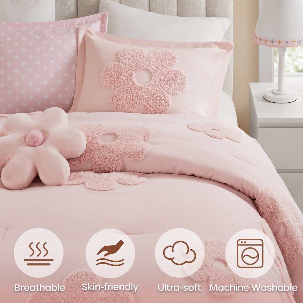 Floral Reversible Tufted Chenille Comforter Set with Flower Throw Pillow. Picture 2
