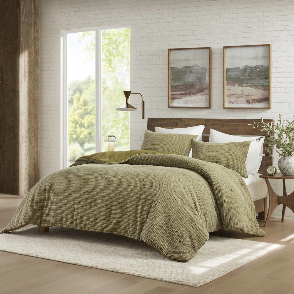 Lyon Waffle Washed Comforter Set, Green color. Picture 1