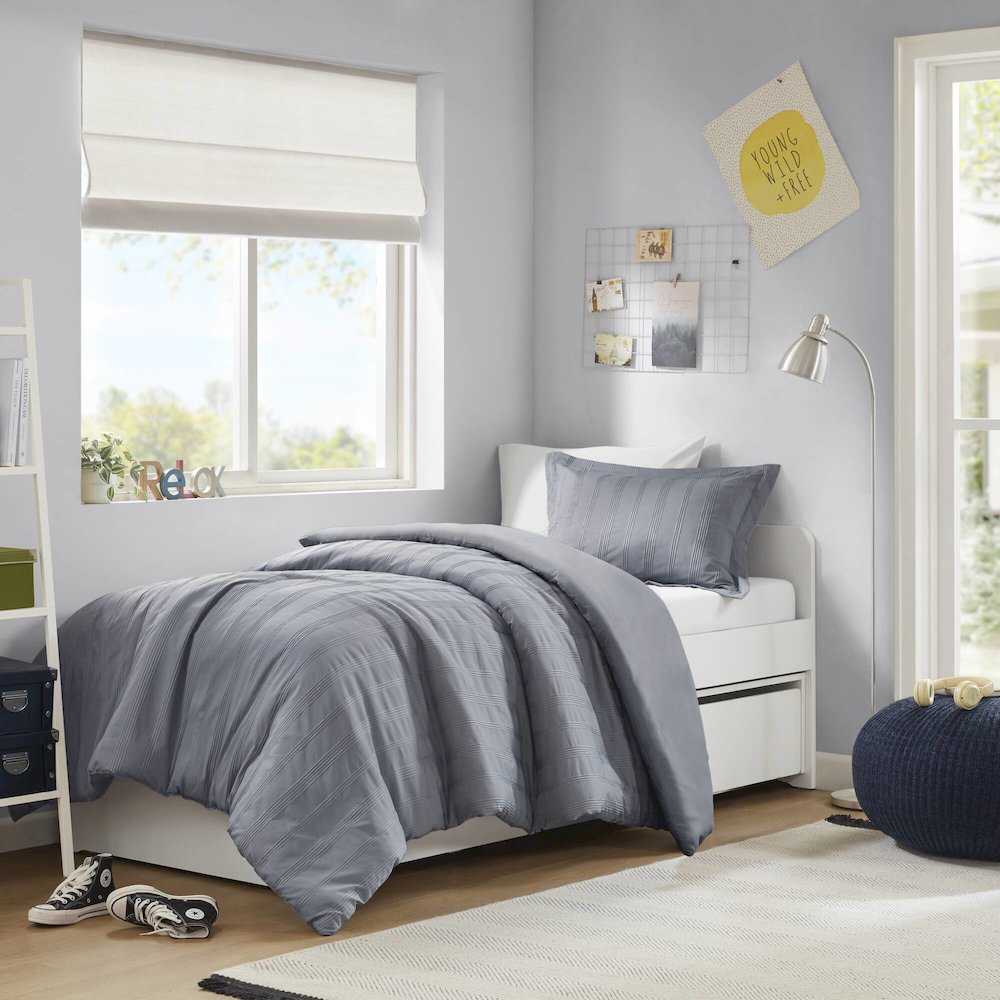 Logan Woven Striped Duvet Set, Blue/Grey color. Picture 1