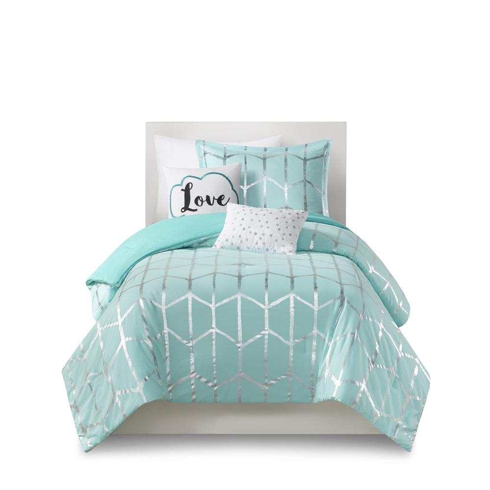 Raina Metallic Printed Comforter Set, Aqua/Silver color. Picture 1