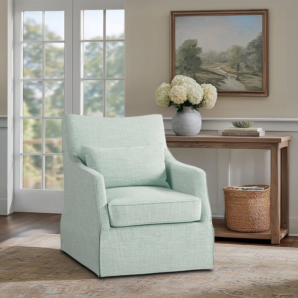 London Upholstered Skirted Swivel Armchair with Lumbar Pillow. Picture 1