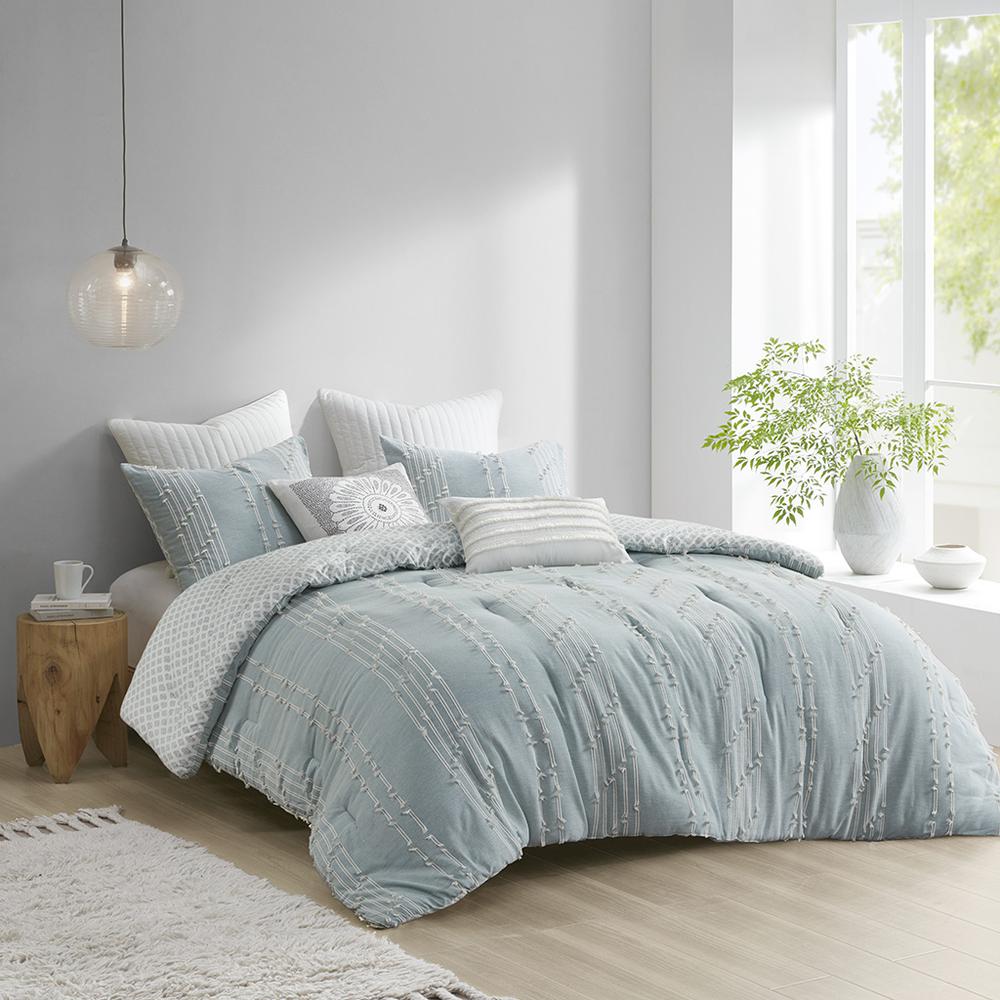 Kara 3 Piece Cotton Jacquard Comforter Set, Aqua color. Picture 4