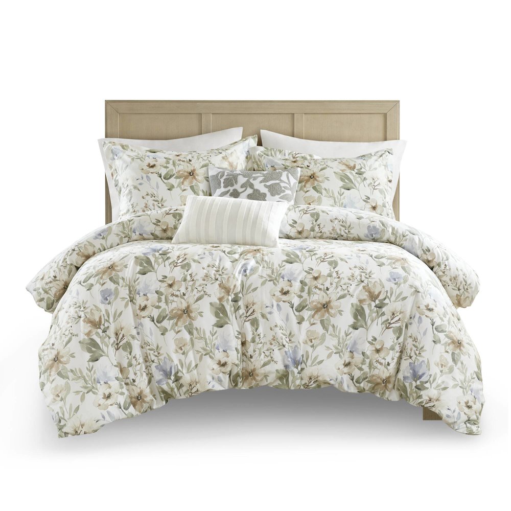 Herbal 5 Piece Cotton Sateen Print Duvet Set, Multi color. Picture 1