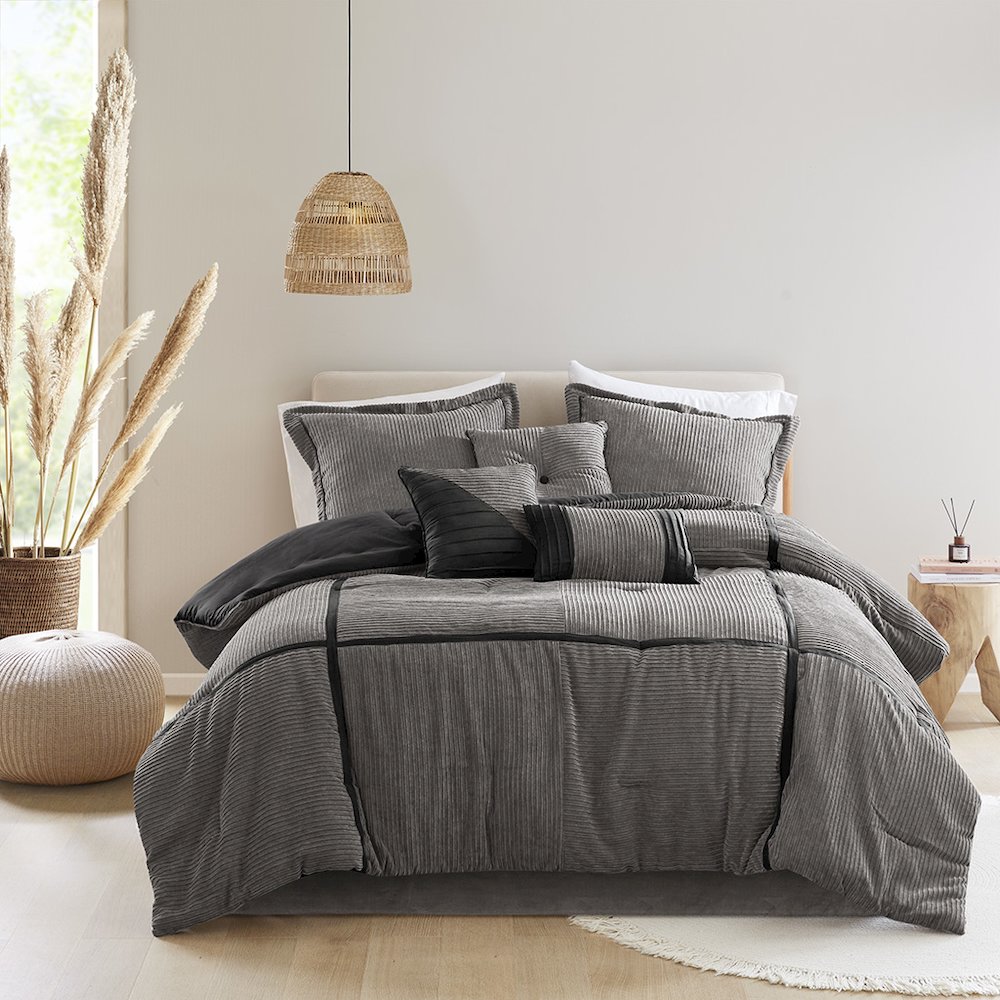 Dallas 7 Piece Micro Corduroy Comforter Set, Grey color. Picture 2
