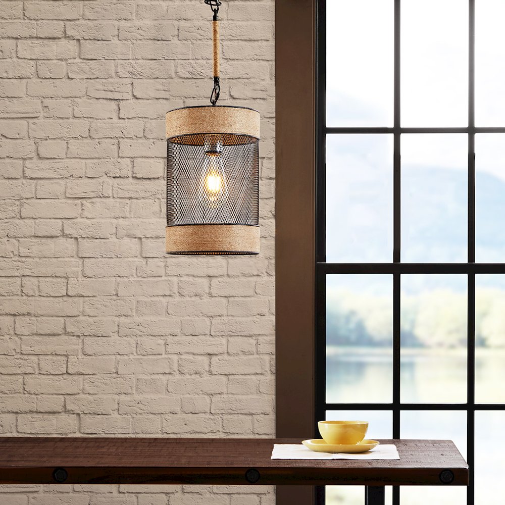 Natural Rope and Metal Mesh Cylinder Pendant. Picture 2